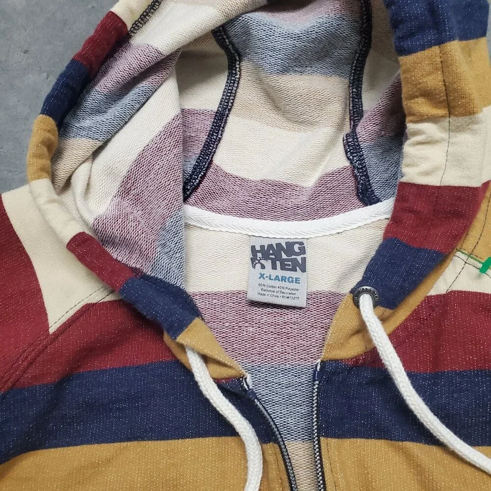 Hang Ten X-Large Multicolor Striped Hoodie Sweatshirt Front Pocket Drawstring Ho - Picture 2 of 8